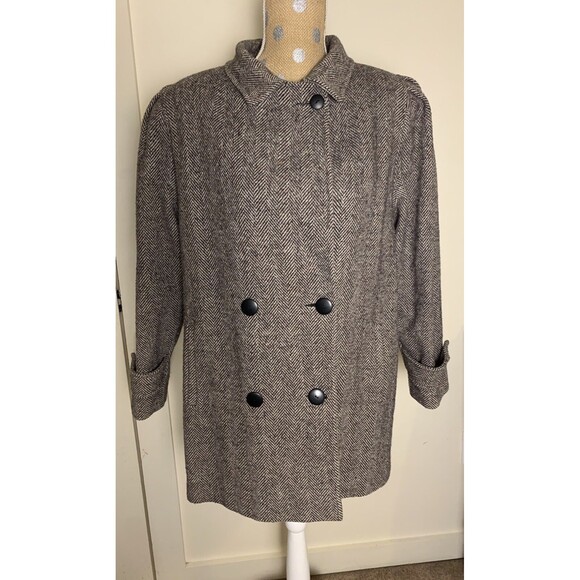 Vtg Spencer Douglas Women Wool Coat Dbl Breasted M/L Brown Herringbone Peacoat - Picture 3 of 13